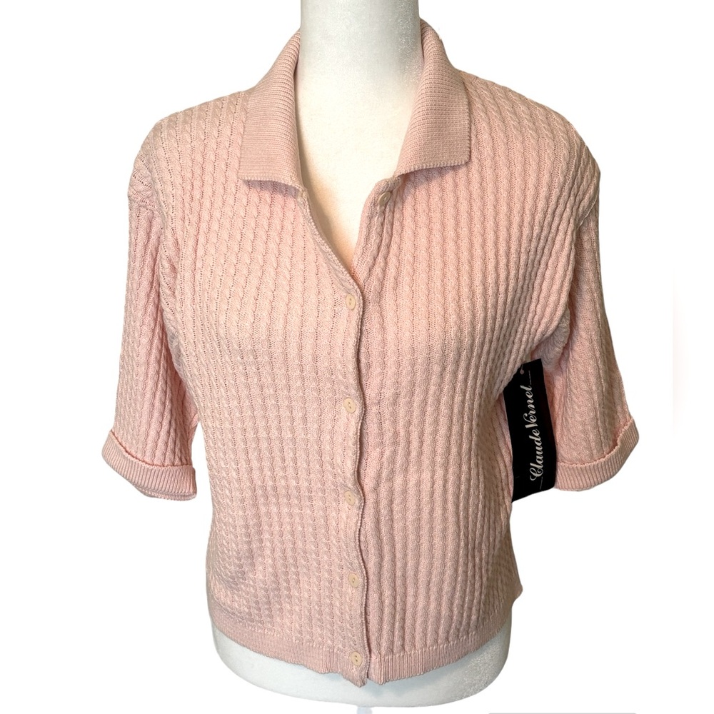 CLAUDE VERNET Pink Cable Knit Half Sleeve Cardigan Size Large *NEW*